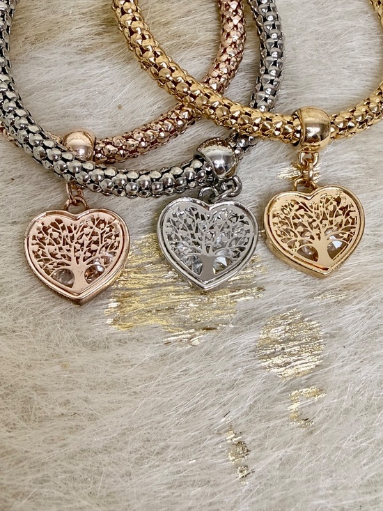 3 Pc Heart Charm Bracelet Set Gold Silver and Rose Gold Tones Tri Color - Picture 3 of 3
